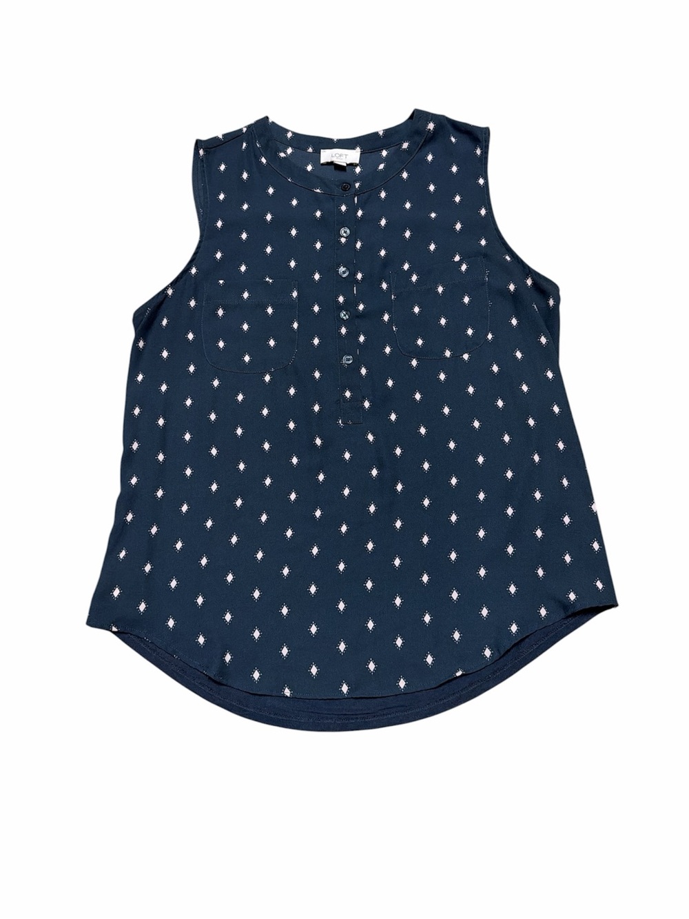 Loft Blouse Women’s L Blue Diamond Pattern Sleeveless Shirt Button Up Tank Top